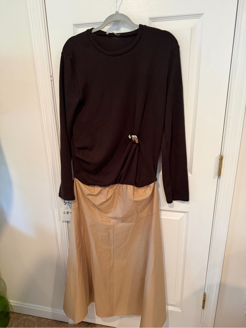 Brown Long Sleeve Top with Beige Skirt Detail by Zara